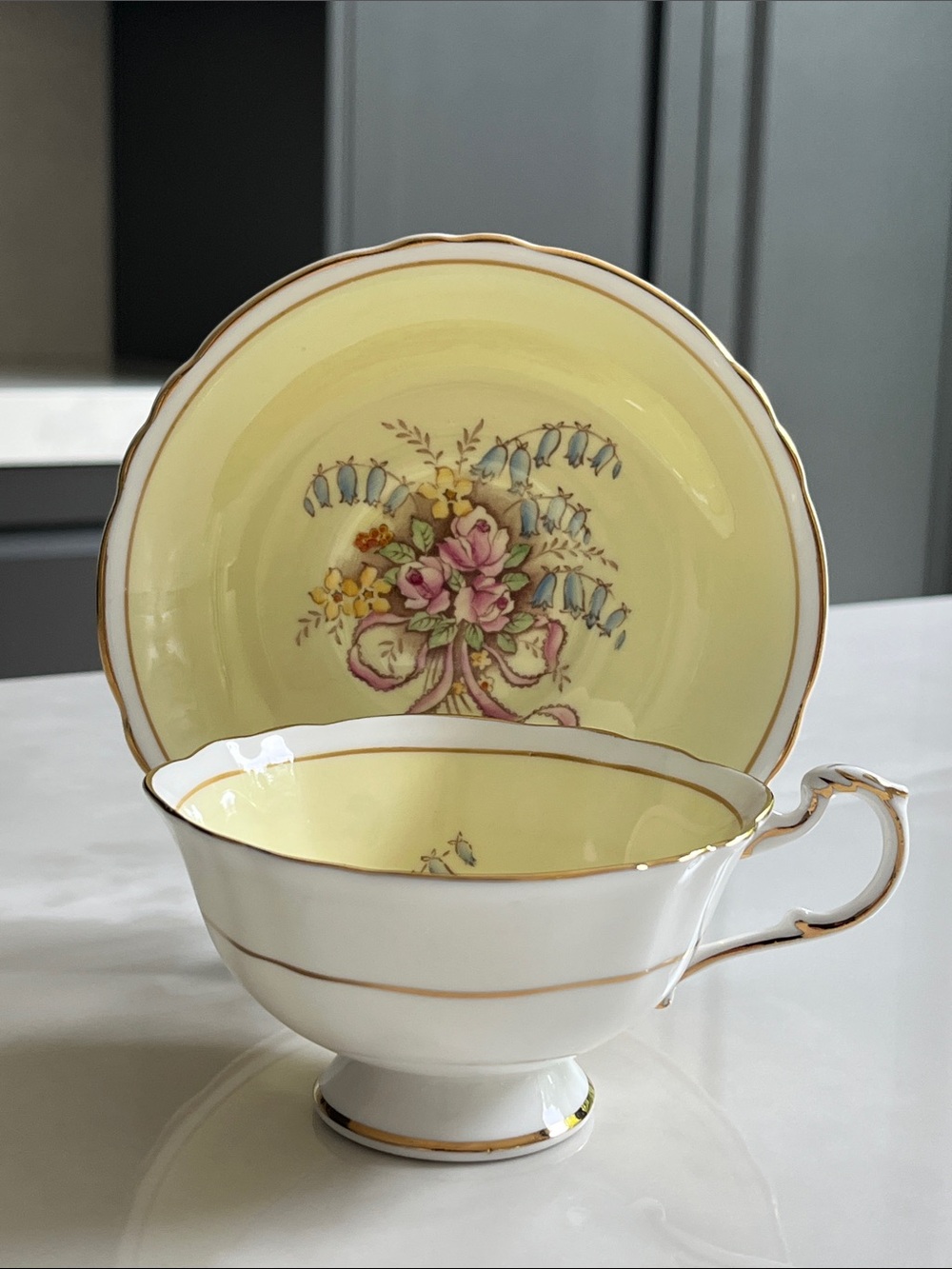 PARAGON Double Warrant Tea Cup and Saucer, Roses, Blue Bells, “Mother.”